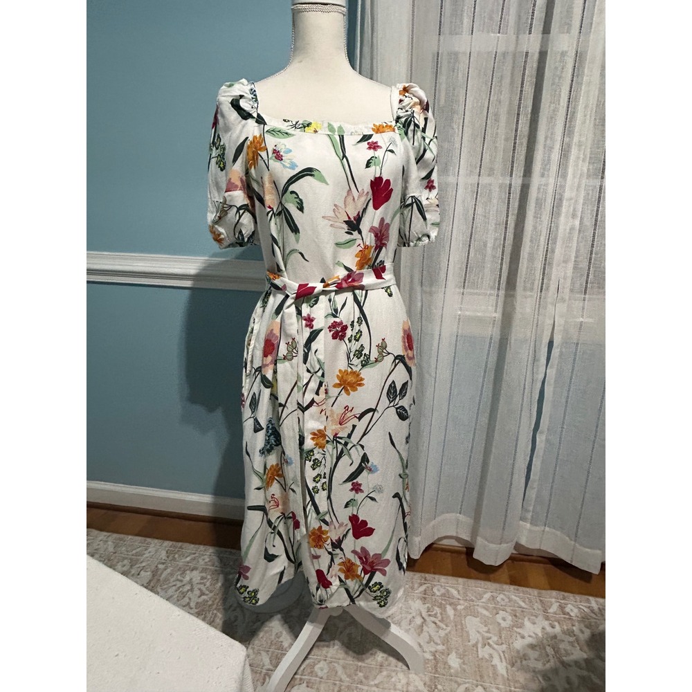 Loft Floral Linen Blend cottage coreDress White Puff Sleeve Square Neck Small